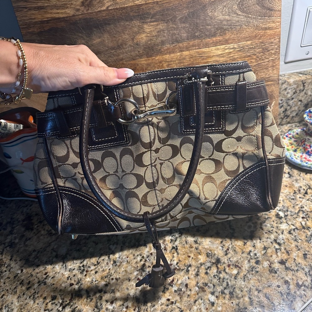 Coach Beige and Black Shoulder Bag with Signature Monogram